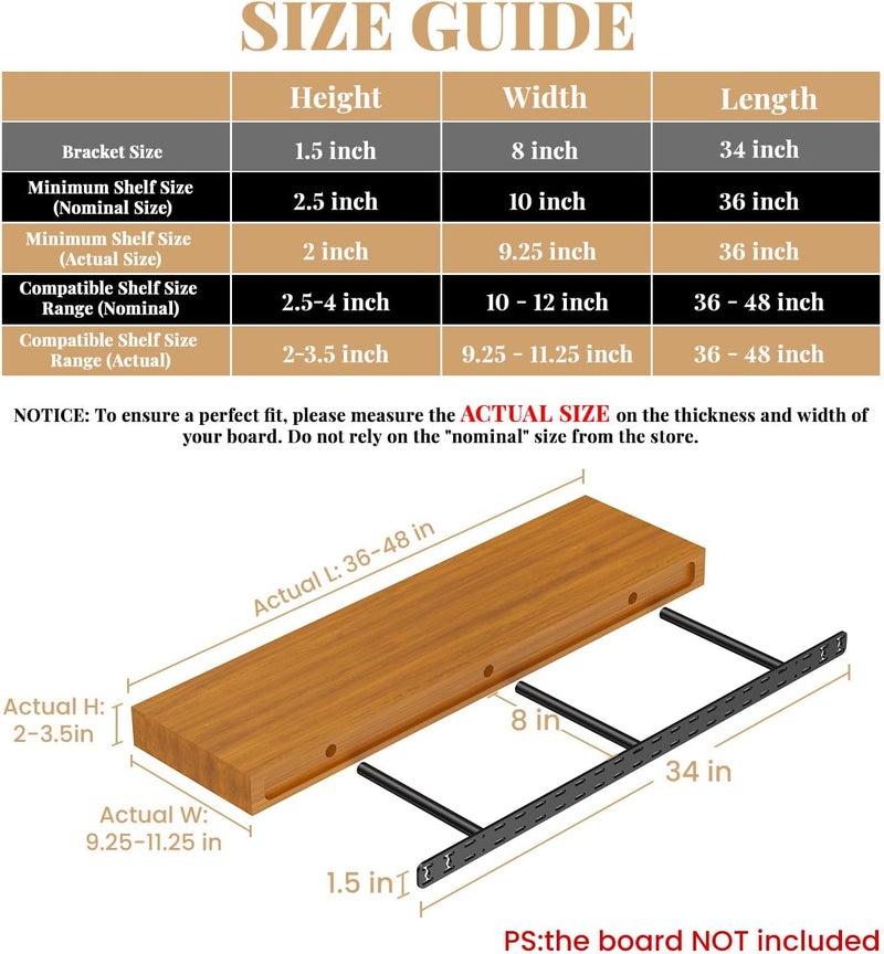 Craftersmark 2pcs Floating Shelf Hardware Heavy Duty Hidden Shelf Brackets Support,Wall Mounting Invisible Floating Shelves Bracket with Jig (34" x 8" x 1.5" with Tools) - Image 2
